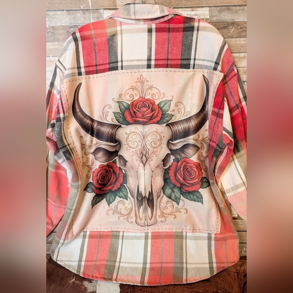 Boho Southwestern Bull W Roses Upcycled Dip Dye Bleached Flannel Shirt - Picture 2 of 15